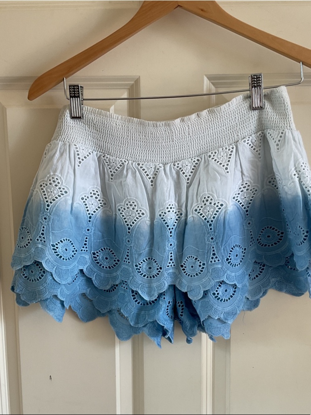 Staring at Stars Women’s White to Blue Ombre Eyelet Scallop Hem Shorts